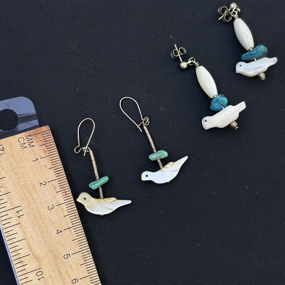 2 Pairs Vintage Sterling MOP Bird Earrings Turquoise Southwest Zuni Style - Picture 3 of 3